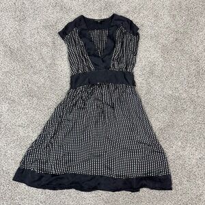 Vintage Bebe Black 100% Silk Polka Dot Waist Tie Y2K Preppy Shirt Dress Women S